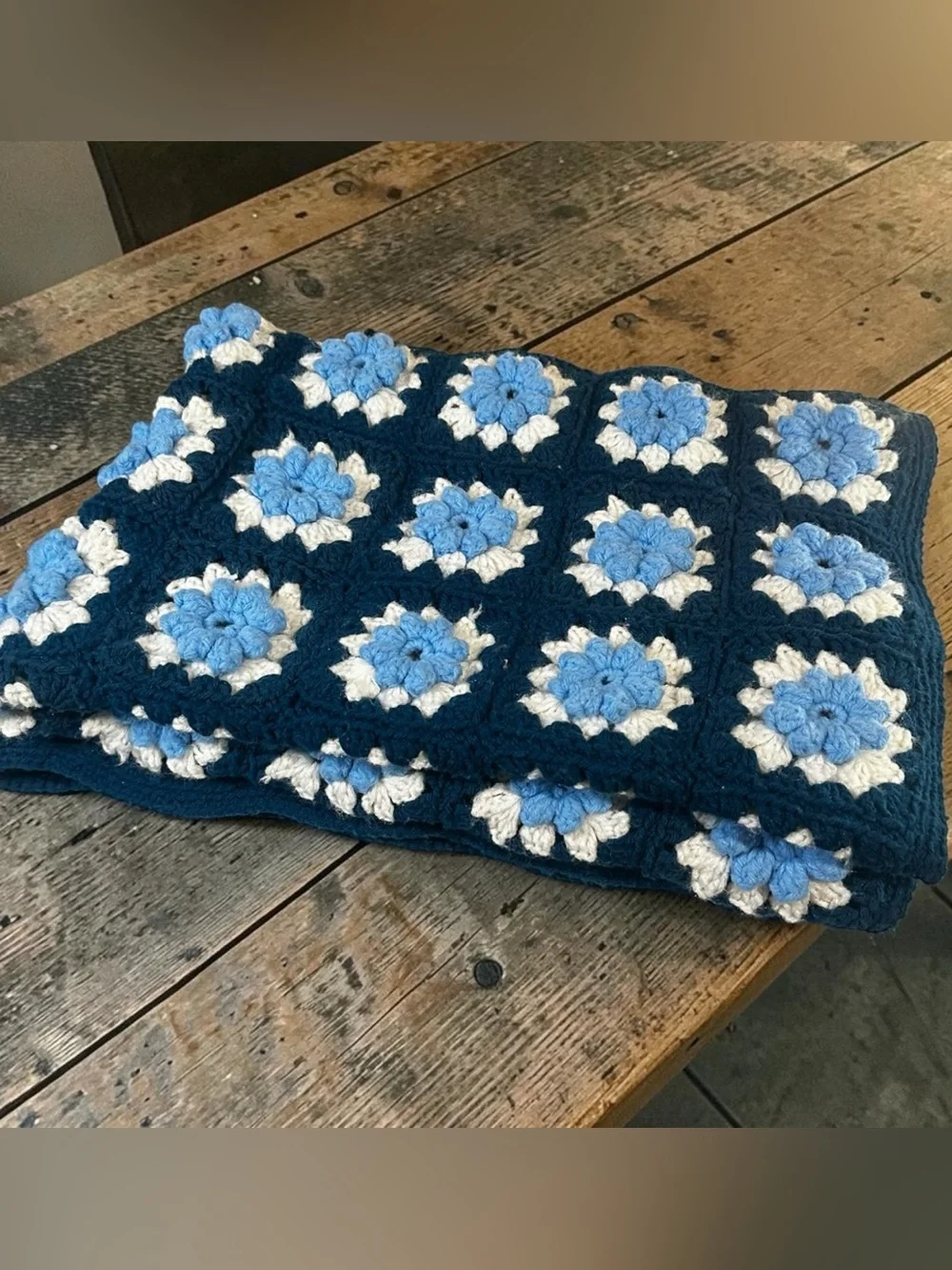 Vintage Crochet Afghan Blanket Navy Blue White Floral Granny Square 40x60